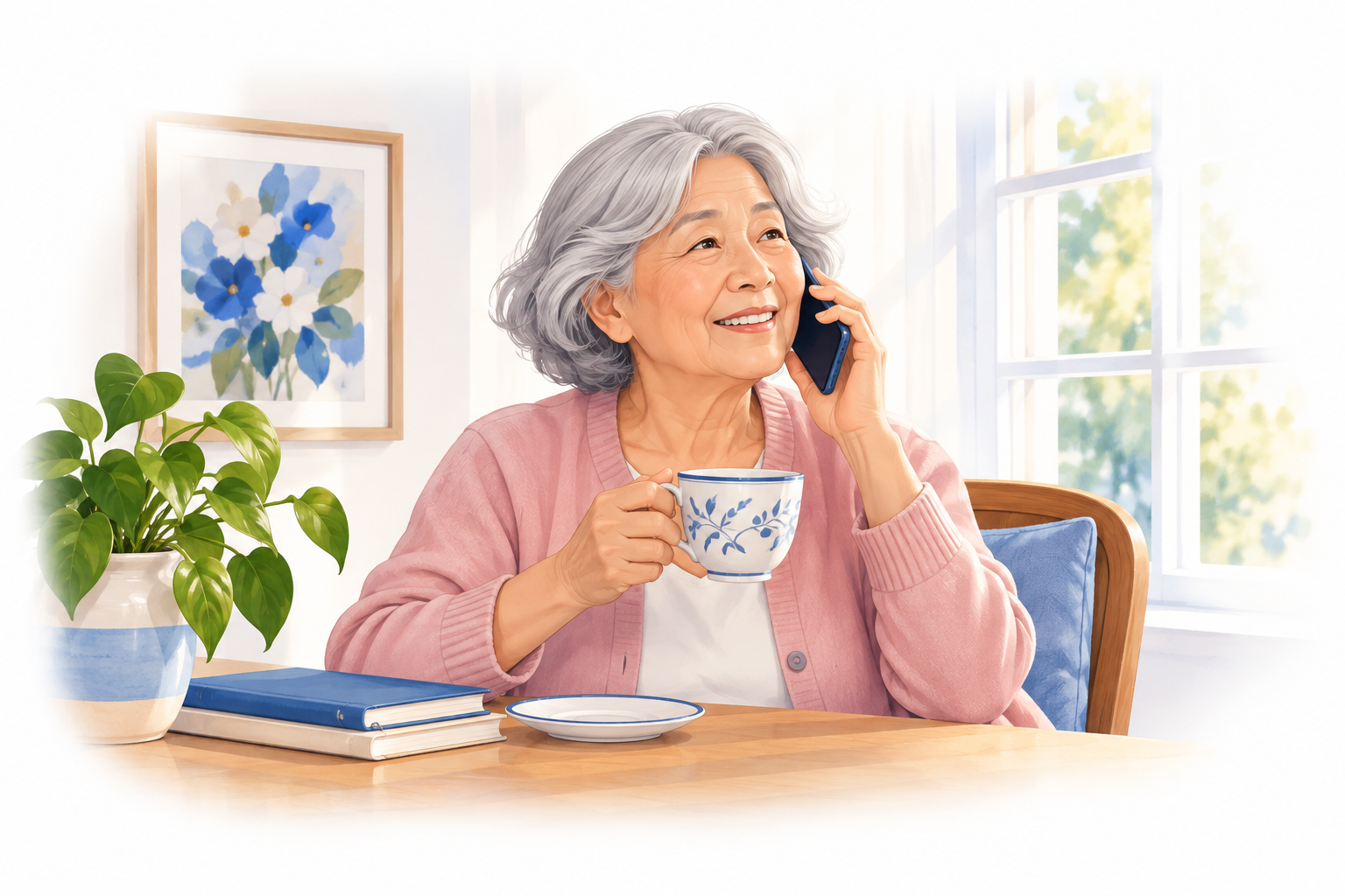 Illustration of a silver-haired older woman on the phone with a teacup at her table