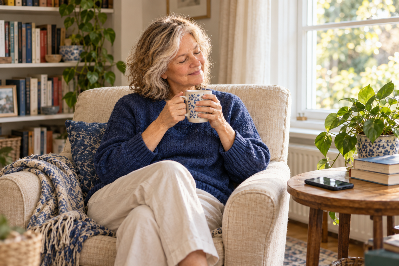 A woman relaxing in an armchair with a warm mug, her phone resting silent on the side table