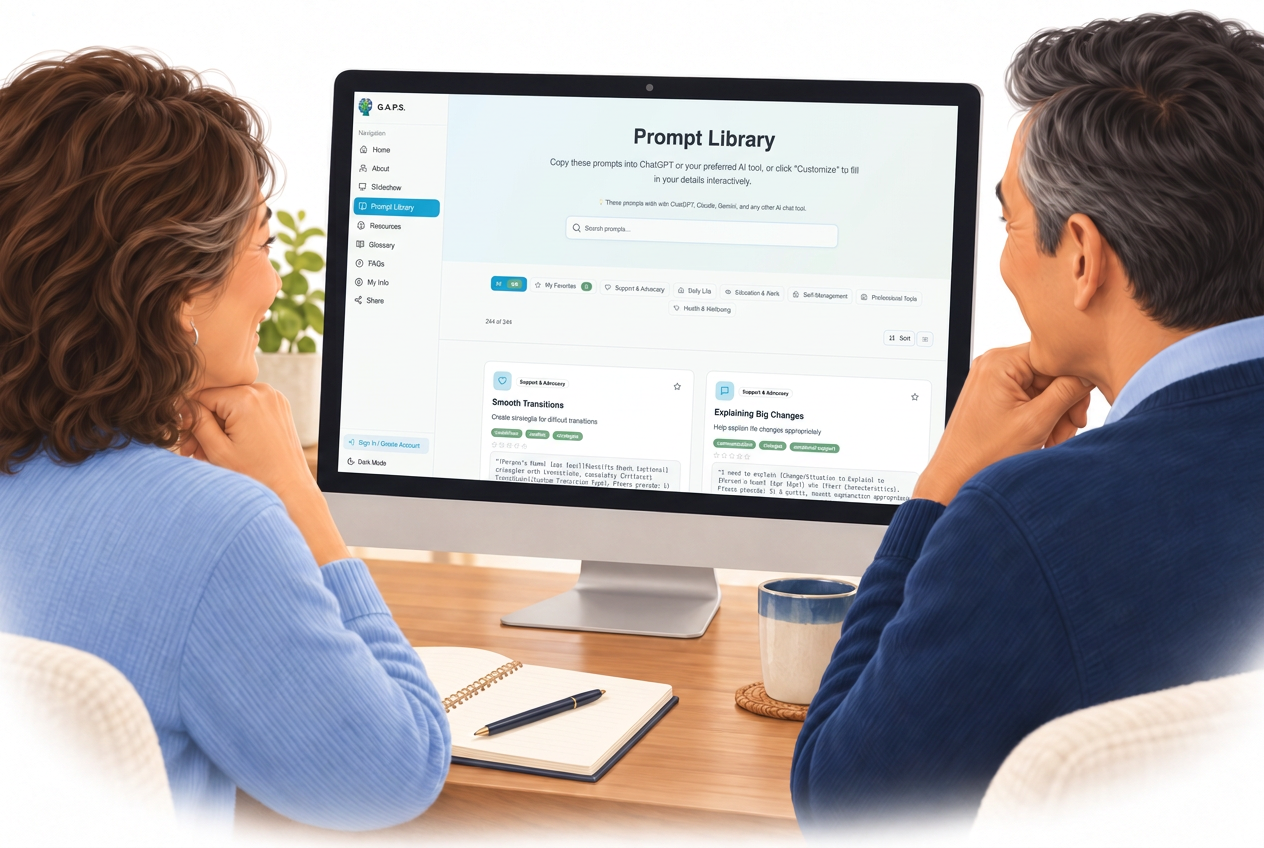 Illustrated parents at home viewing the G.A.P.S. Prompt Library on their monitor
