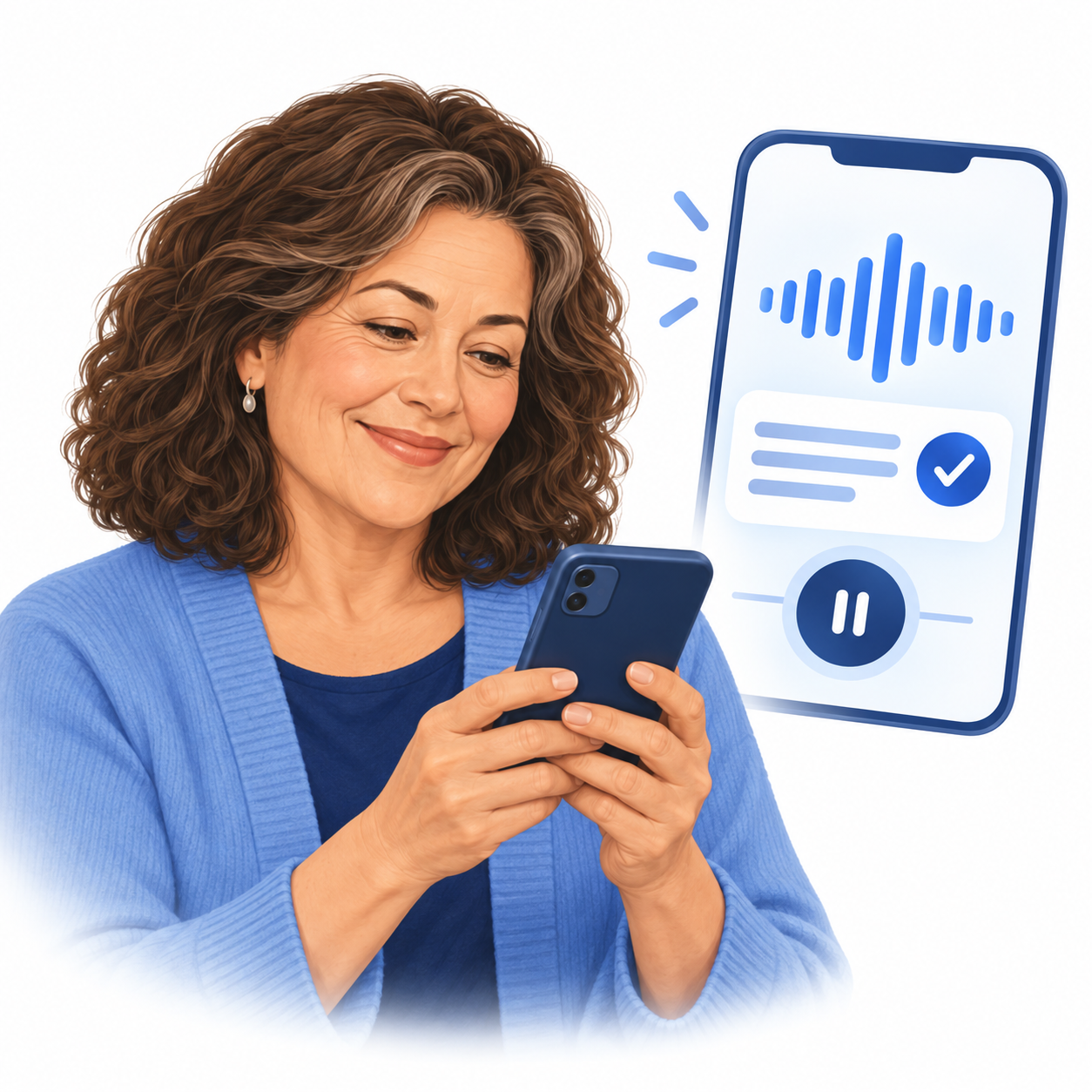 Conceptual illustration of a caregiver checking call recaps and controls on her phone