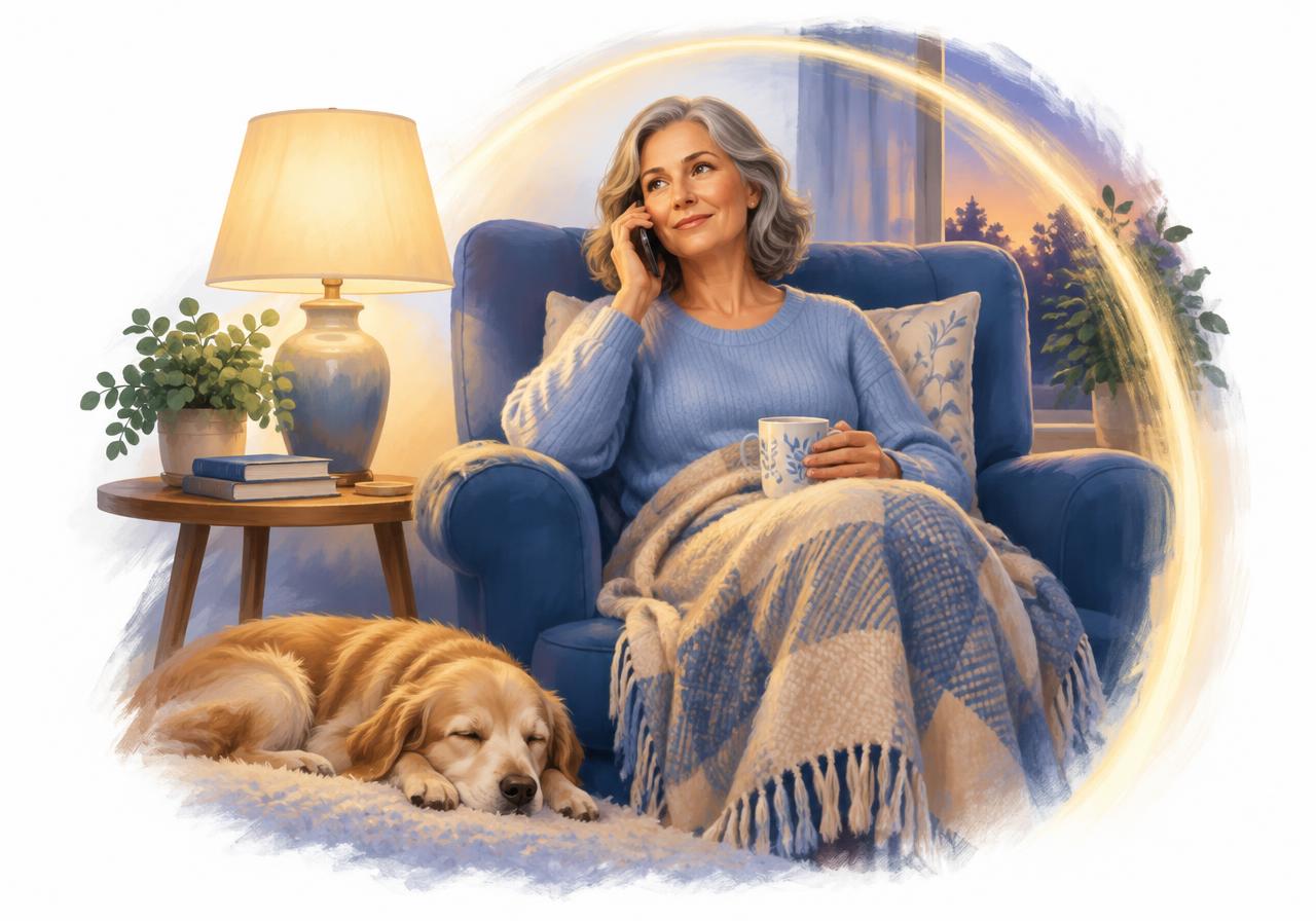Illustration of an adult on the phone in an armchair at dusk, wrapped in a blanket