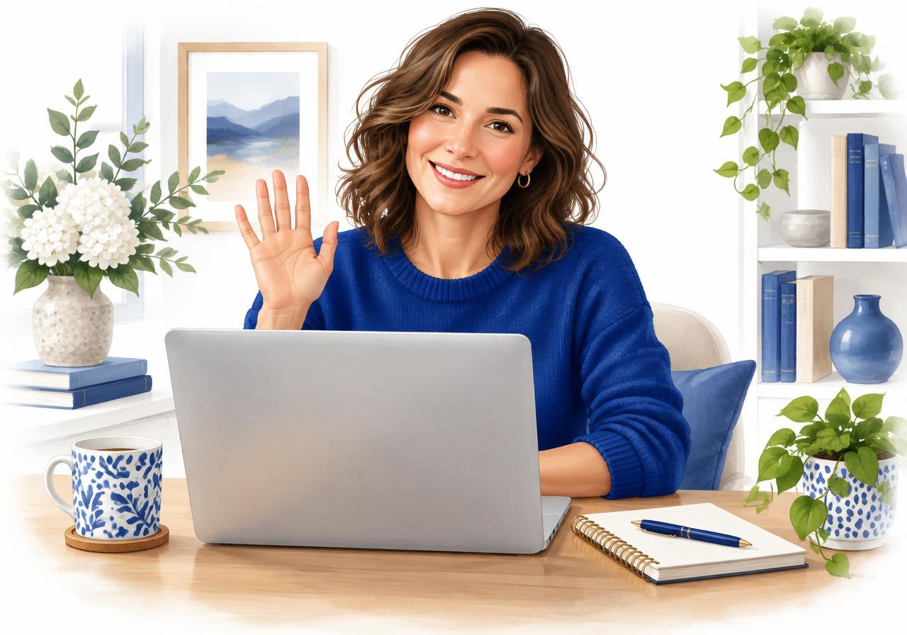 Illustration of a friendly adult waving hello at the start of a video call
