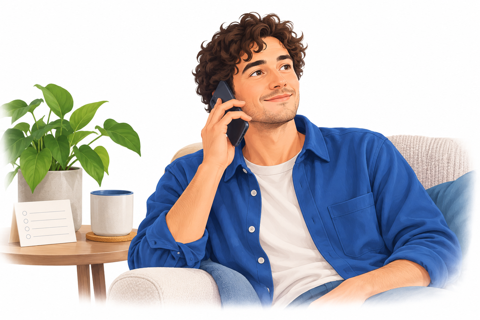 Illustration of an adult sitting comfortably at home, enjoying a phone conversation