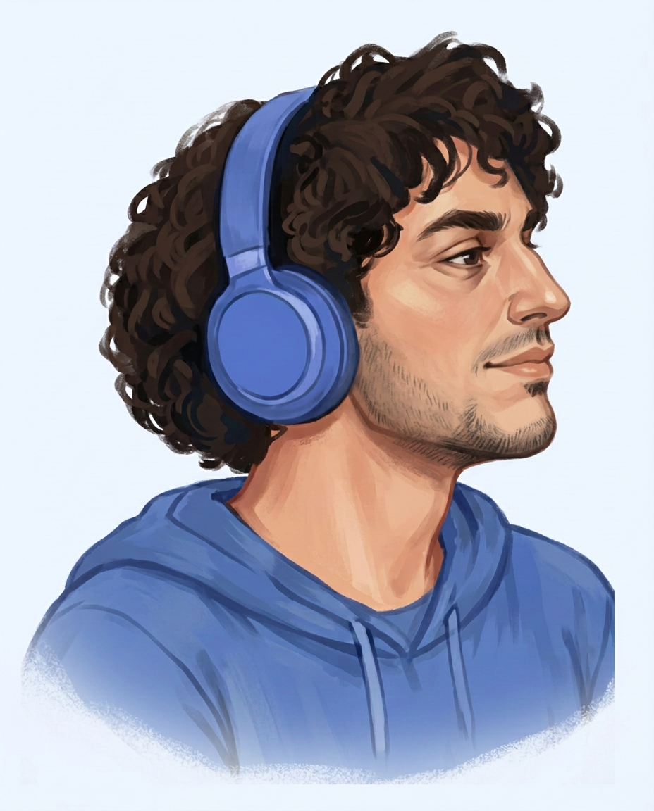 Illustration of an adult man wearing blue headphones