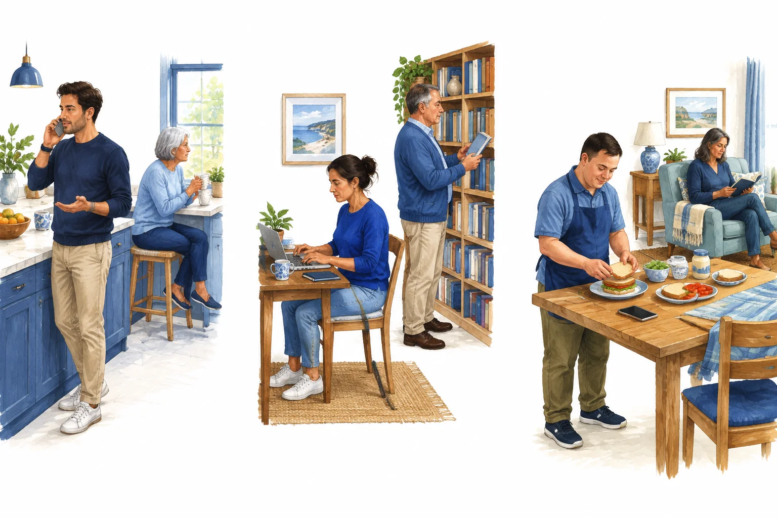 Illustration of three grown children living at home, each doing something on their own while a parent is in the same room: an adult son on a phone call at the kitchen counter, an adult woman at her laptop, and an adult man with Down syndrome making lunch
