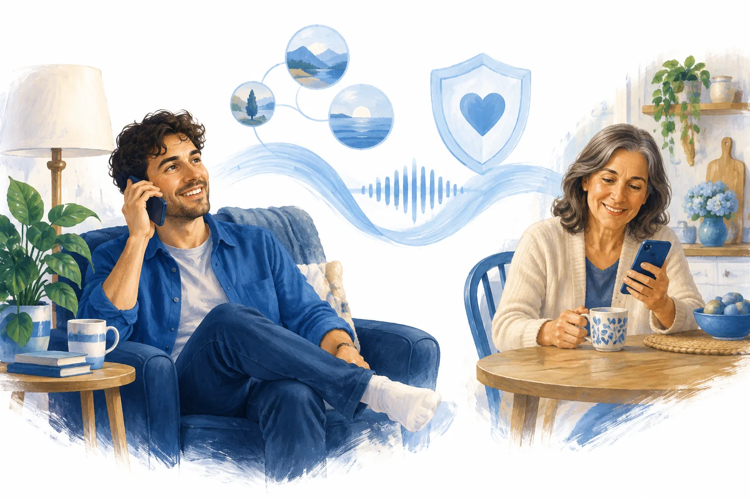 Illustration of an adult on a phone call at home, connected by a painted ribbon to his mother checking her own phone, with painted motifs of a shield, memory circles and a sound wave