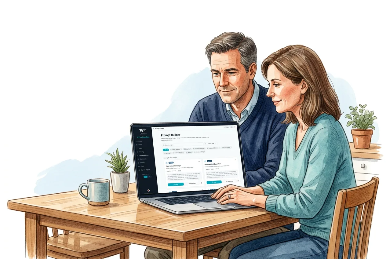 Two adult parents using the ELS Prompt Builder on a laptop at their kitchen table