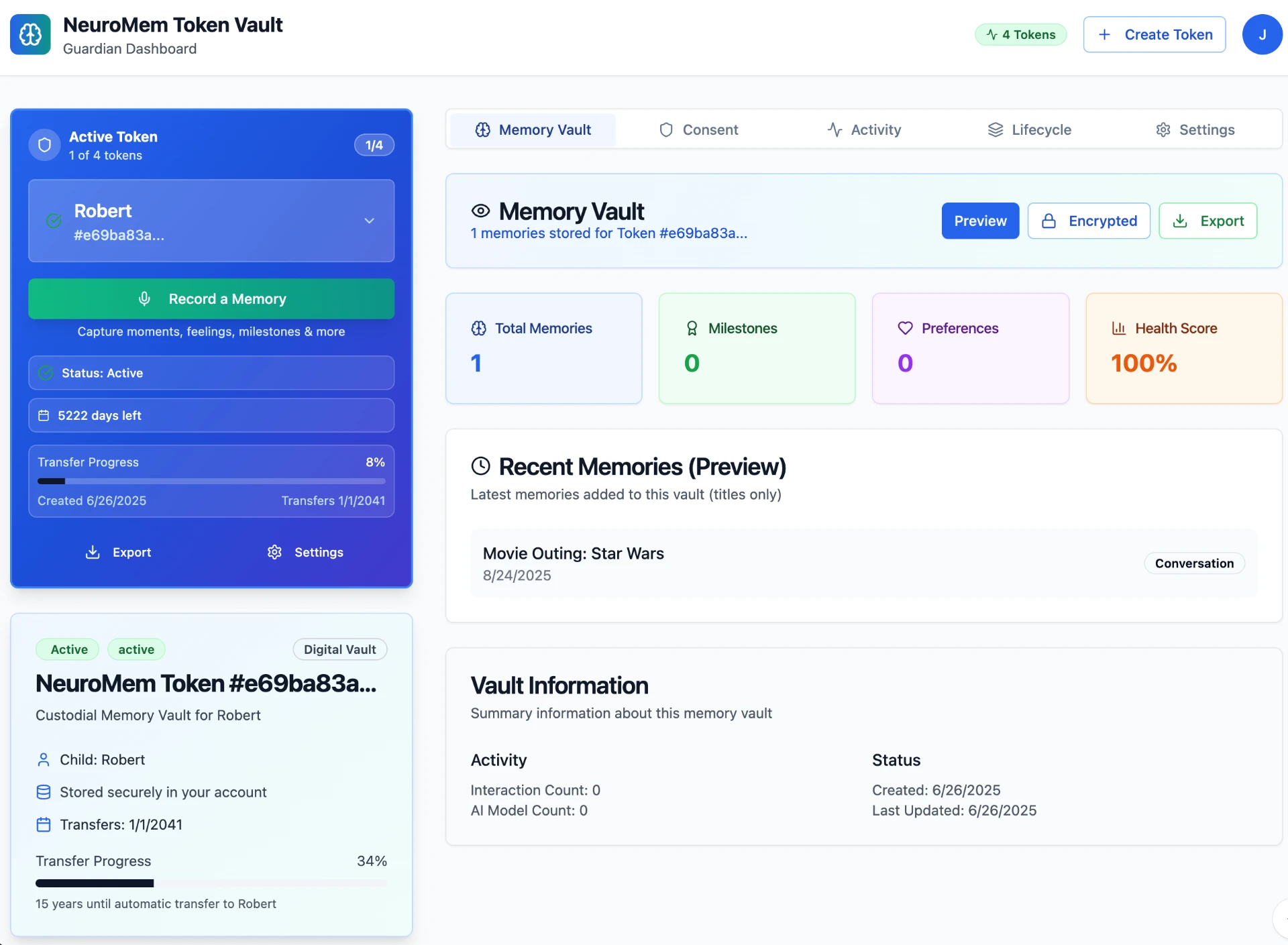 The NeuroMem Token Vault dashboard showing an active memory token, stored memories, consent and lifecycle tabs, and vault information